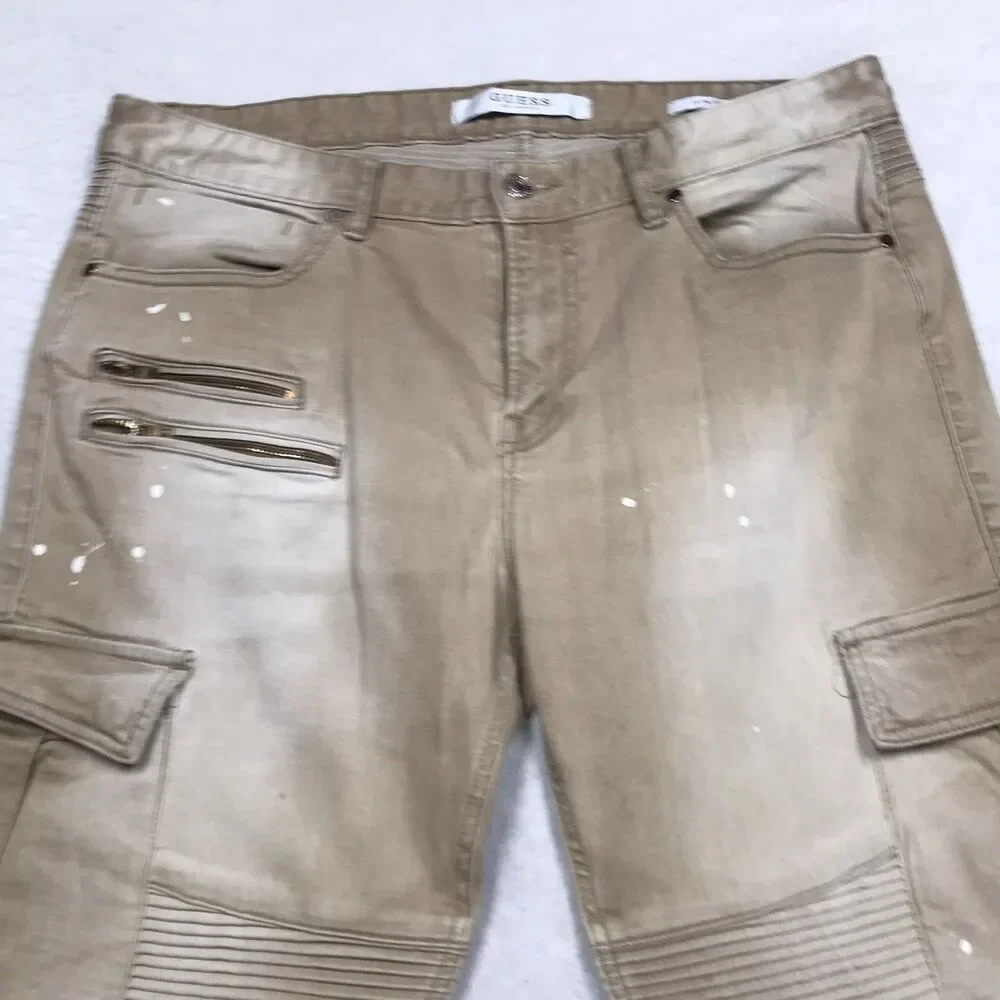 GUESS Jeans Men 36x32 Tan Moto Cargo Slim Taper Distressed Skater Biker